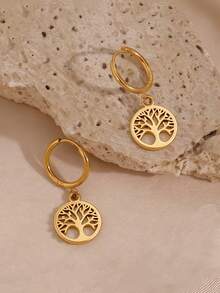 Anting-anting hoop geometris pohon kehidupan dari baja tahan karat yang modis, ringan, mewah, menarik, indah, imut, minimalis, dan unik, cocok untuk pakaian pria dan wanita di musim semi, musim panas, musim gugur, dan musim dingin, untuk bekerja, belajar, kencan, bepergian, konser, pesta, dan berbagai hari libur. - Pohon Kehidupan Emas - View 4