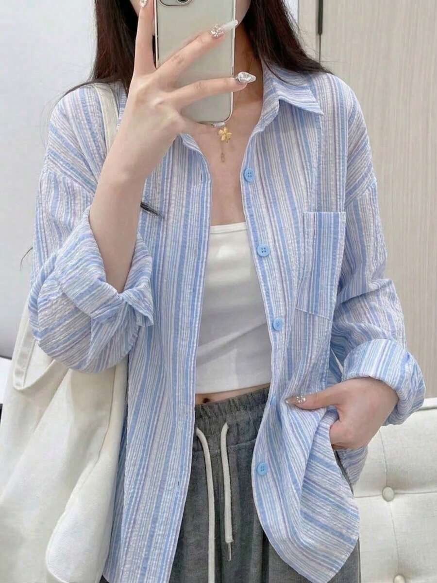 YUXIN Chemise femme rayée rose, respirante et confortable, coupe ample avec col châle et manches longues, convient pour le printemps et l'été