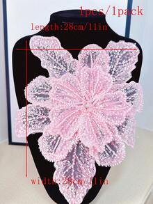 New 3D Multi-Layer Crystal Beaded Embroidered Floral Applique, Handmade Clothing Accessory Decor, Size: 29cm Length X 28cm Width - Baby Pink - View 29
