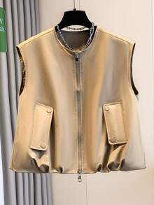 Women's Short Vest Jacket, Fashionable Romantic Peplum Hem, Spring & Summer, Round Neck Reversible Zipper Design, Lined, Unique Pockets, Suitable For Daily Casual Wear, Sleeveless Waistcoat - Maroon - View 1