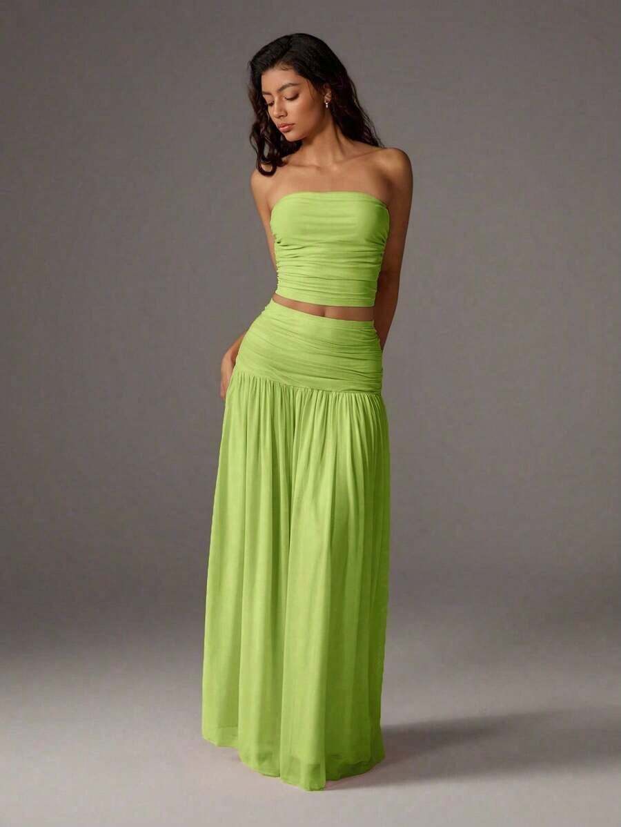 2pcs Set Women Romantic Pink Mesh Bandeau Top And High Waist Pleated Mesh Maxi Skirt, Vacation Outfit Spring/Summer - Green - View 1