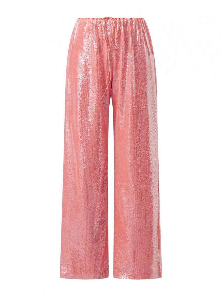 Sequin Pants For Women Sparkly Elastic High Waisted Wide Leg Pants Glitter Loose Club Party Trousers - 橘色 - 查看 1