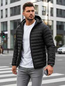 Men's Transitional Season Quilted Jacket, Hooded, Zip-Up Closure, Lightweight And Short, With Elastic Cuffs And Hem, And Features Internal And External Pockets And An Adjustable Hood. - Black - View 3