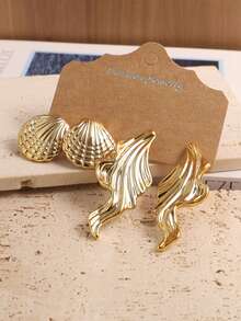 Bộ 4-16 đôi bông tai thời trang hình giọt nước, kiểu bện, thiết kế vỏ sò và lá cây, thích hợp cho các dịp lễ, dạo chơi và du lịch. - Vàng - Xem 8