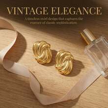 Vintage Stainless Steel Swirl Textured Earrings, A Fashionable And Unique Jewelry Choice For Women - Yellow Gold - View 5