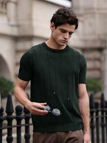 Suéter de punto fino holgado de manga corta con cuello redondo acanalado para hombre, primavera/verano - Verde militar - Ver 6