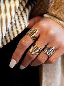 3pcs/1pc Line-Cut Geometric Stainless Steel Open Ring, Ladies Clothing, Suitable For Women's Daily Wear, Party And Dating Occasions - Multicolor - View 4