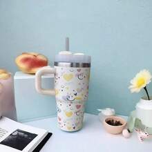 600ml Thermal Mug With Handle, Lid And Straw – Flower Print 1866-600ml - 淺褐色的 - 查看 6
