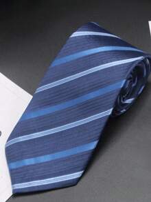 1pc Men's Business Necktie, 8cm Width, Handmade Formal Tie, Jacquard Polyester Silk, Striped Pattern - Blue - View 1