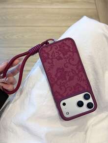 1件装硅胶挂绳蕾丝图案设计酒红色哑光透明手机壳，适用于 17/17 Pro/17 Air/17 Pro Max/11/11 Pro/11 Pro Max/12/12 Pro/12 Pro Max/13/13 Pro/13 Pro Max/14/14 Pro/14 Plus/14 Pro Max/15/15 Pro/15 Plus/16/16 Pro/16 Pro Max/16 Plus - 膠圈掛繩酒紅色蕾絲 - 查看 3