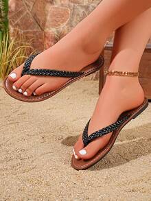 1 đôi dép xỏ ngón nữ thiết kế quai bện, đế bằng mềm mại, kiểu dáng thường ngày, phù hợp đi biển hoặc nghỉ mát. - đen - Xem 1