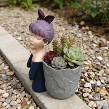 Ins-Style Closed-Eye Girl Shaped Planter, Creative Bow Girl Resin Pot, Unique Succulent Plant Pot, Home Desktop Decor Ornament - B - View 3