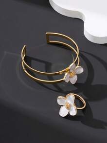 1 Set Handmade White Floral Resin Bangle & Ring Jewelry Set, Romantic Gentle Resort Style - White - View 2