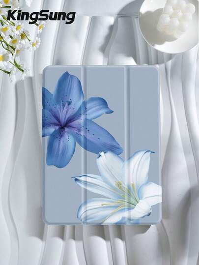 Kingsung 蓝色百合花图案平板电脑保护套，兼容 iPad 9.7/10.2/10.5/10.9/12.9/Pro 11（第十代），兼容三星 Galaxy Tab S6 Lite 10.4 英寸，兼容 Kindle Paperwhite（第十二代，2024 年款），Kindle（第十一代，2022 年款），Kobo Clara Color，柔软防摔，智能支架/自动唤醒/睡眠功能