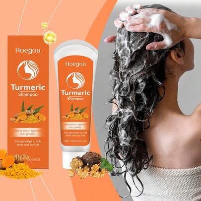 100克便携式姜黄洗发水，天然姜黄成分，适合干性、分叉发质，控油不油腻配方，轻盈亮泽，温和滋养受损秀发。