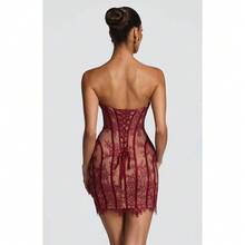 2026 New Spring And Summer Lace Bodycon Strapless Dress, Exquisite Crochet Slim Fit Short Dress, High Waist Slimming A-Line Dress - Burgundy - View 5