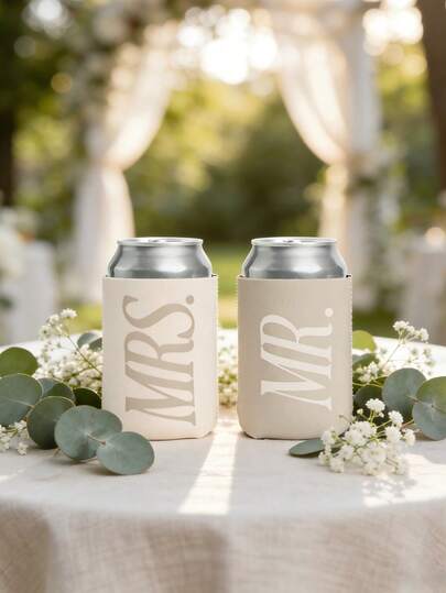 Mr And Mrs Drink Sleeve Set Of 2, Reusable Neoprene Can Coolers For Bride And Groom, Insulated Beer Koozies For Wedding Party Favors, Bridal Shower Gifts, Bachelorette Party Supplies, Engagement Gift For Couple, Husband And Wife Travel Essentials, Romantic Anniversary Present, Wedding Day Surprise