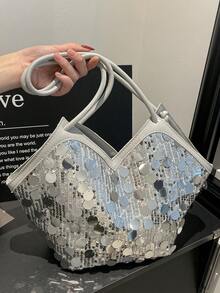 2026 Summer New Arrival Sequin Tassel Tote Bag, Large Capacity Minimalist Versatile Shoulder Handbag For Women - Silver - View 4