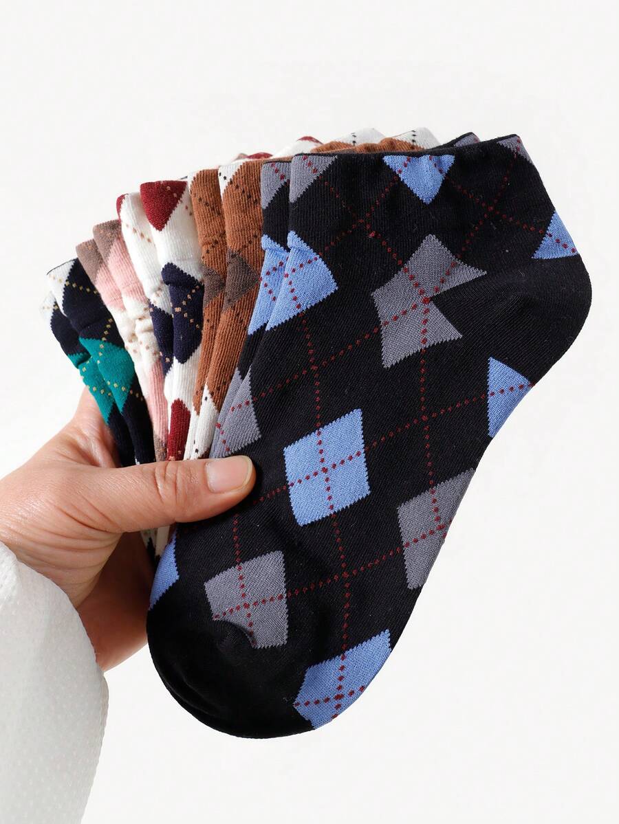 5/10 双装 女士菱形图案复古时尚舒适透气短袜 - 彩色 - 查看 1