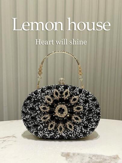 1个黑色亮片奢华水钻晚宴包，时尚优雅手拿包，新娘婚礼手提包，配有可拆卸肩带，适合派对、婚礼、晚宴等正式场合。
