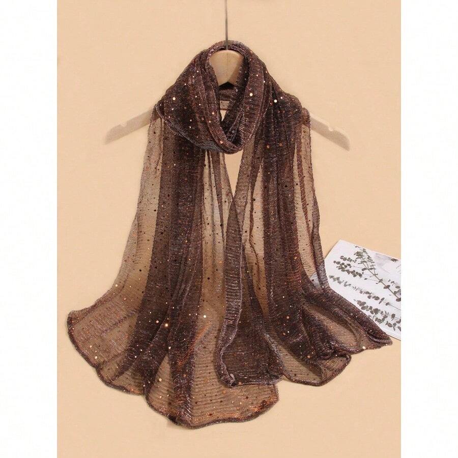 1 pieza Pañuelo de mujer ligero de unicolor con lentejuelas, pañuelo para la cabeza, hiyab de Oriente Medio, chal decorativo, protección solar para la playa, adecuado para uso diario - Café integral - Ver 1