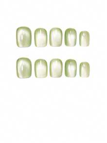 10pcs Short Square Light Green Cat Eye False Nails, Fresh Spring Green Full Cover Fake Nails Set With 1pc Glue Sticker And 1pc Mini File, Suitable For Women And Girls, Random Delivery - Green - View 2