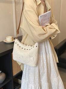 女士新月形编织单肩包，时尚优雅的米色度假包 - 米色 - 查看 2