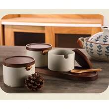 3pcs Set Retro Japanese Style Ceramic Seasoning Jars Condiment Containers - Ceramic Seasoning Jar With Lid & Spoon, Kitchen Salt & Sugar Storage Jar With Tray, Spice Jar - Multicolor - View 1