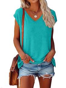 3件装纯色加大码V领T恤，女士休闲短袖T恤，春夏度假款 - 彩色 - 查看 4