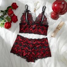 Bộ đồ ngủ ren phối màu đỏ và đen kiểu Pháp, áo hai dây ngắn gợi cảm. - Đỏ - Xem 1