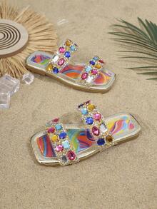 Kids Fashion Slippers, New Square Toe Rhinestone Design Shiny Girls Summer Beach Slippers - Multicolor - View 7