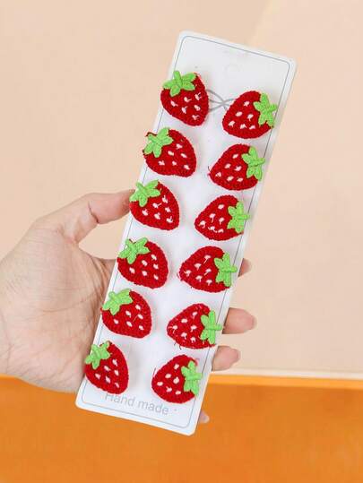 10pcs/Set Handmade Woven Strawberry Hair Clips, Red Fruit Green Leaves + White Dotted - Suitable For Women, Can Be Used For Daily, School, Party, Fits Vintage, Sweet, College Style