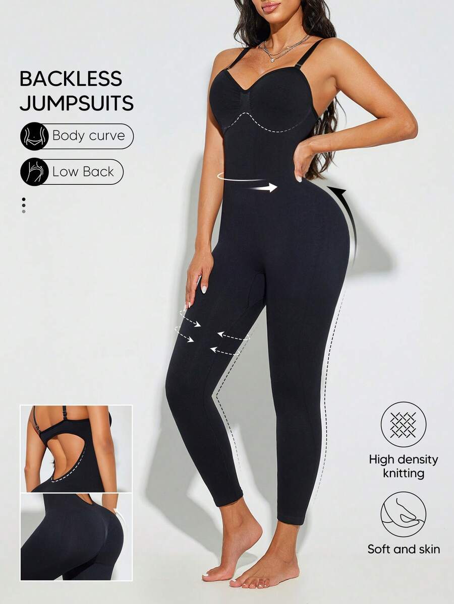 Suprenx Women's Shapewear Jumpsuit, Deep V-Neck Backless Tight Fit Sleeveless Jumpsuit - Black - View 1