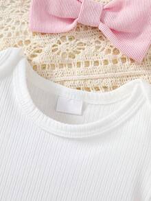 3pcs/Set Baby Girls' Casual Daily Cute White Crew Neck Knit Romper, Pink Watermelon Pocket Bodysuit, And Pink Bow Headband Set, Suitable For Spring, Summer, Autumn - Pink - View 5