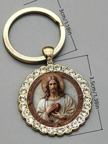 1pc Jesus Christ Pattern Round Keychain, Suitable For Men And Women, Fashion Gift For Christmas, Thanksgiving, Graduation, Birthday, Family And Friends Anniversary, Holiday - Gold - View 6