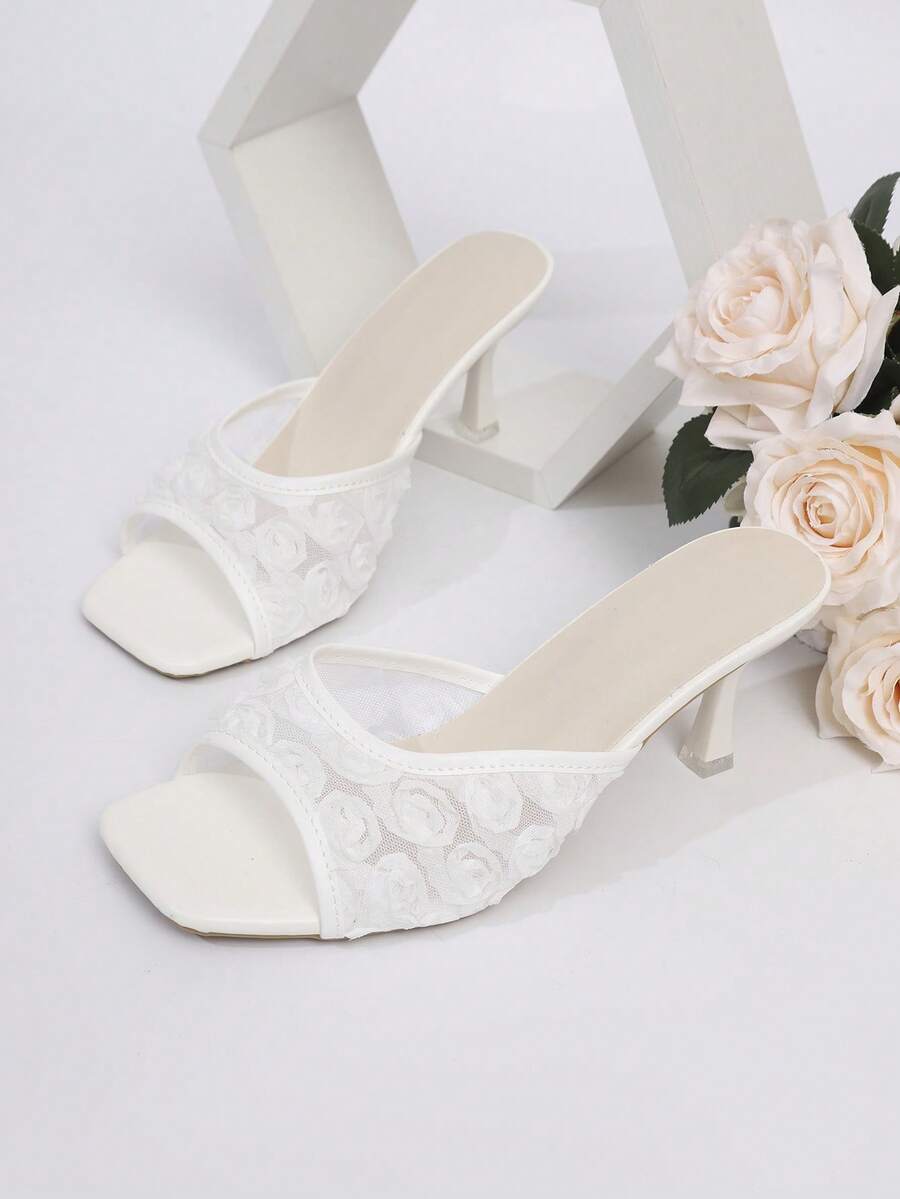 Sandalias de tacón alto con punta cuadrada y tacón delgado, con un solo tirante y malla floral, para mujeres - Beis - Ver 1