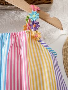 Colorful Striped Floral Strap A-Line Casual Dress, Suitable For Young Girls, Summer Gift, Beach Vacation - Multicolor - View 3