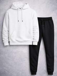 Streetwear Fleece Sweatshirt And Jogger Pants Set, Winter Casual Comfortable Urban Fashion, Minimalist Unisex Casual Complete Outfit, Premium - Trắng/Đen - Xem 3