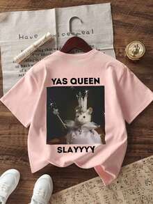 Teen Girls' Casual Funny Print Round Neck Short Sleeve T-Shirt Tops, Summer - Pink - View 4