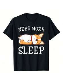 Plus Size Casual Short Sleeve Round Neck Tee With Cute Napping Corgi Design Need More Sleep Print Comfortable Knitted Fabric Regular Length Top - 黑色 - 查看 1