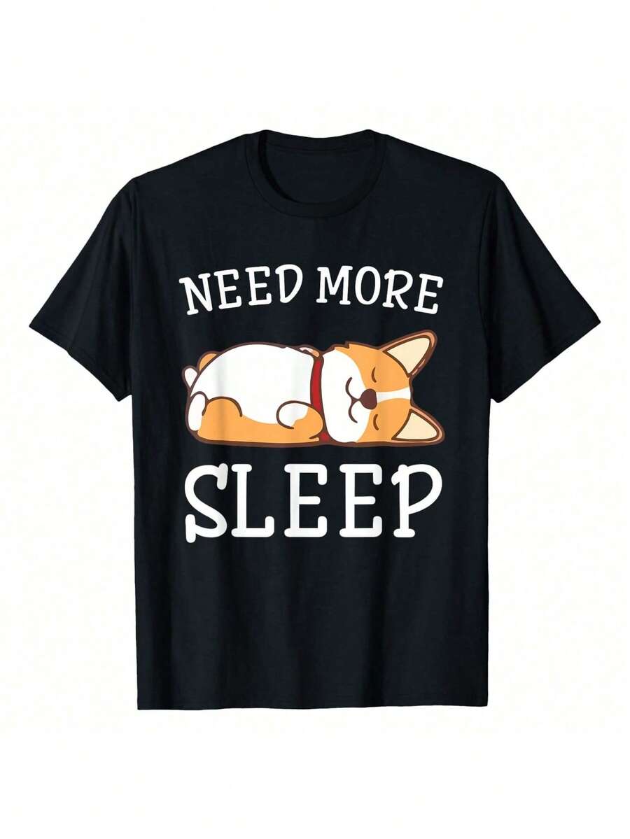 Plus Size Casual Short Sleeve Round Neck Tee With Cute Napping Corgi Design Need More Sleep Print Comfortable Knitted Fabric Regular Length Top - 黑色 - 查看 1