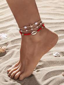 3-Piece Summer Beach Style Alloy Starfish Shell Stacked Beads Glass Material Women's Anklet Set - Multicolor - View 18