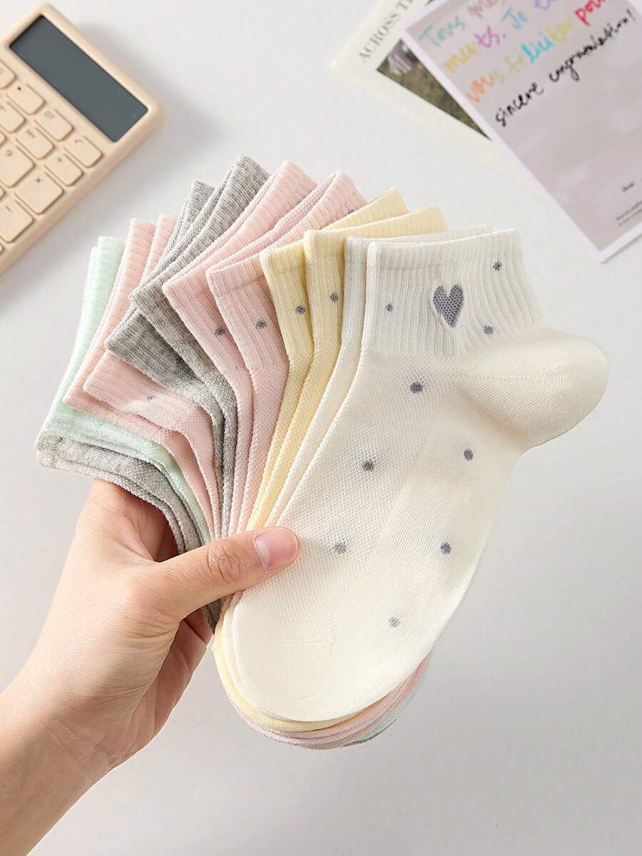 5双装女士可爱甜美透气爱心波点图案短袜，隐形袜，白色、粉色可选，适合日常休闲穿着，四季皆宜 - 彩色 - 查看 1