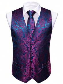 Men's Cashew Jacquard Single-Breasted Suit Vest - Hot Pink - View 3