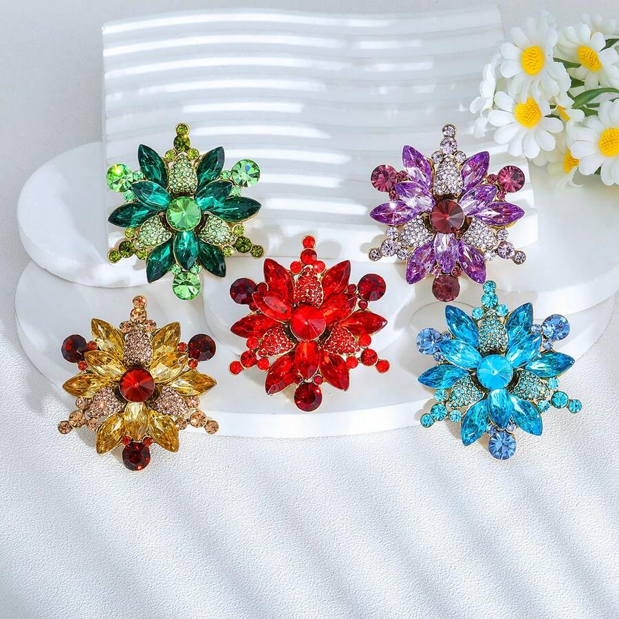 1pc Elegant Zinc Alloy Rhinestone Inlaid Brooch With Rich Color Layers, Suitable For Women's Daily And Party Wear - Flowers - View 1