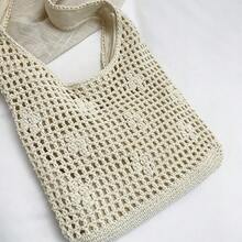 镂空编织手提包，手工钩编休闲单肩包，大容量度假风 - 米色 - 查看 7