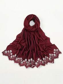 1条珍珠刺绣雪纺围巾，时尚柔软头巾，防晒披肩，节日礼物 - 彩色 - 查看 5