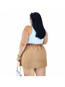 Short Skirt Plus Size Tailored With Belt Various Colors Summer - KIT 2 BEIGE/RED - View 7