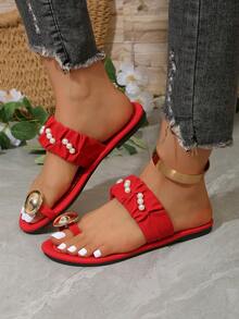 Red Faux Pearl Flat Sandals, Fashionable Slip-On Sandals, Bohemian Style Flip-Flops, Versatile Casual Date & Holiday Flat Sandals - Rose Red - View 2
