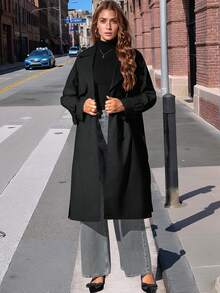 Risissida Women's Minimalist Long Windbreaker, Suitable For Spring And Autumn, With Belt And Pockets, Versatile For Various Occasions - Black - View 2